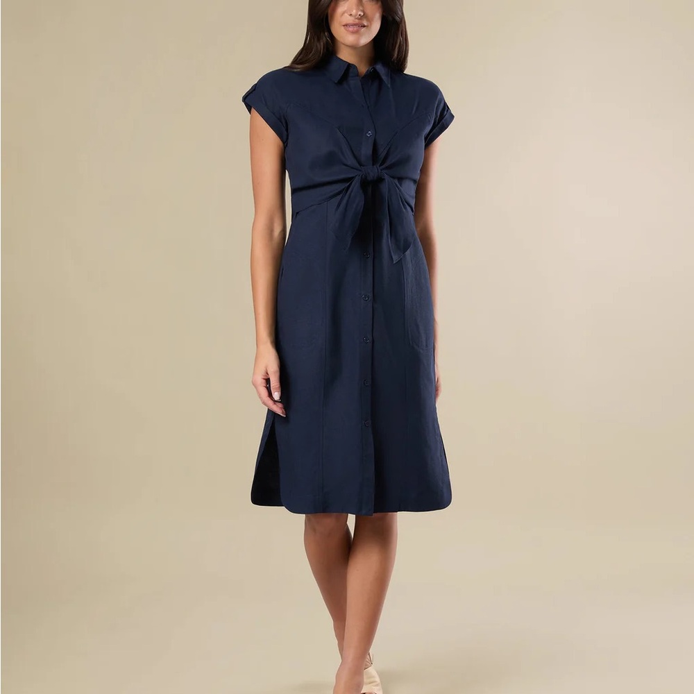 Navy Tie Front Midi Dress